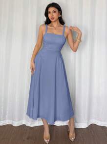 Firerie Women's Elegant Minimalist V-Neck Ruched Texture Fabric Beach Midi Dress, A-Line Silhouette, Summer - Blue - View 5