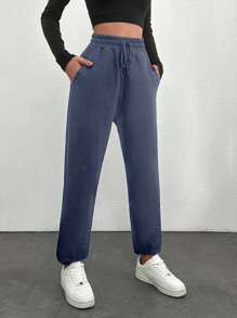 SHEIN Cottnline 女士高腰斜口口袋運動褲 - 藏蓝色 - 查看 6