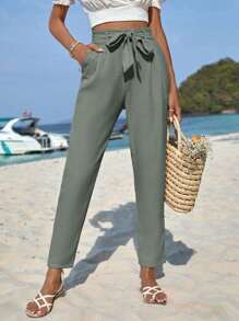 EURMUSE Solid Tie Front Trousers - Mint Green - View 1