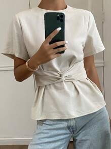 Livesso 女式夏季圆领抽绳短袖上衣 - 杏色 - 查看 3