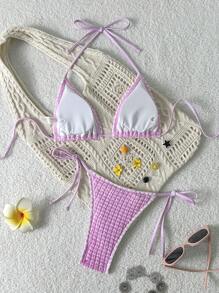 Swim Vcay Springbreak 女士夏季新款纹理纯色磨边露背吊带三角比基尼套装，海滩度假 - 粉色 - 查看 4