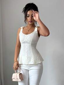 Elenzga Top camiseta elegante y chic de uso en resort con cuello cuadrado de tela jacquard texturizada en color albaricoque y amarillo crema, tirantes ajustables, decoración con lazo, abotonadura sencilla, volantes en la cintura alta, y dobladillo en línea A