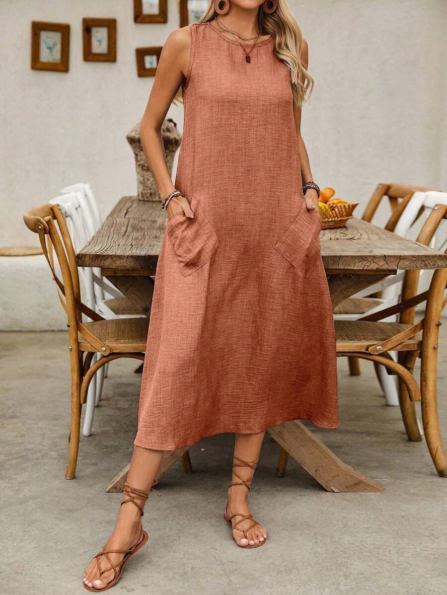 SHEIN LUNE 女式休闲无袖太阳裙，带双口袋，超长度假海滩装 - 橘色 - 查看 1