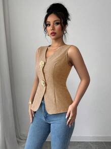 Selianne 女式V领修身前金色玫瑰纽扣装饰吊带背心