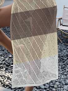 SHEIN Swim Damen Urlaubs Kontrast Farbblock Rundhals Langarm Ausschnitt Cover Up Kleid