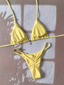 Swim Chiccia Women's Solid Color Halter Metal Pendant Jewelry Set, Sexy Thong Bikini Swimsuit For Summer - Yellow - View 2