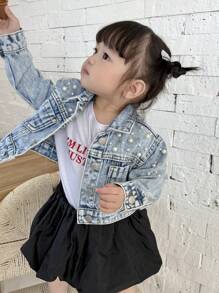 SHEIN Baby Girl White Pearl Blue Denim Lapel Long-Sleeved Short Jacket,Spring And Summer Casual Vacation Country Boho Wear Fall Winter - Light Wash - View 8