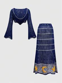 ROMWE Hippie Set de 2 piezas Suéter y falda de punto con bordado de estrella y luna para mujer
