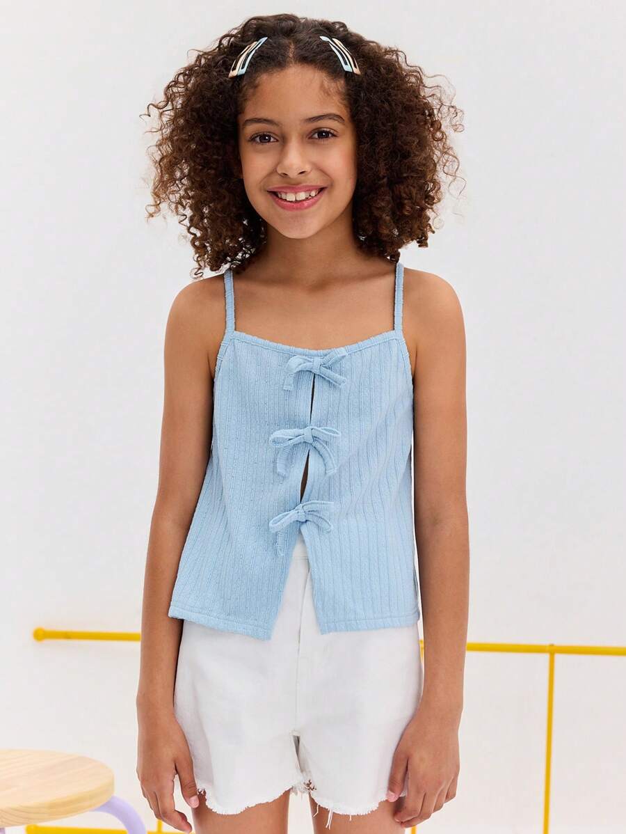 SHEIN Baby Blue Bow Detail Cami Top For Tweens Cute And Casual Summer Style - Blue - View 1