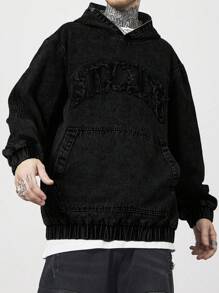 Manfinity EMRG Men's Black Washed Denim Hooded Jacket With Embroidered Design And Zipper Details