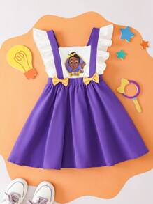 Blippi X SHEIN Đầm tay ngắn nơ vàng và dây tím dễ thương cho bé gái mùa hè - Màu tím - Xem 1