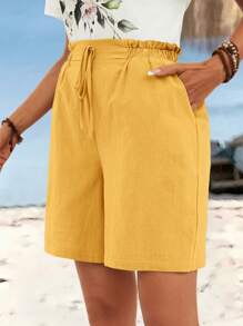 Sylviya 女士纯色荷叶边腰带口袋亚麻短裤，百搭