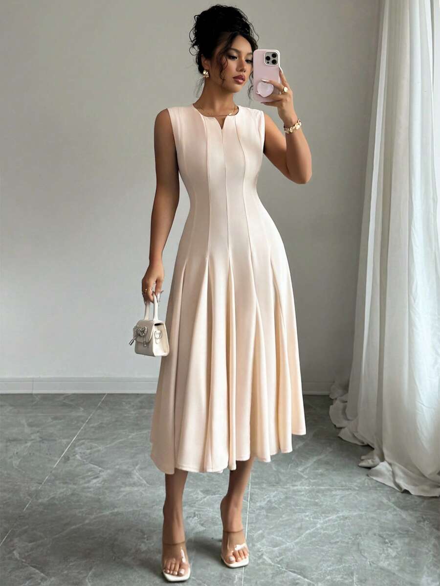 Rafferiza 女式纯色 V 领无袖褶皱优雅中长连衣裙，夏季 - 杏色 - 查看 1