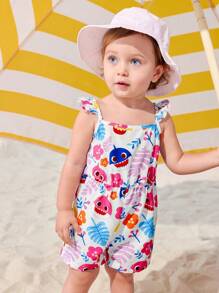 BABY SHARK X SHEIN Baby Girl Floral & Cartoon Shark Print Sleeveless Ruffle Trim Romper, Cool & Breathable Summer Outfit
