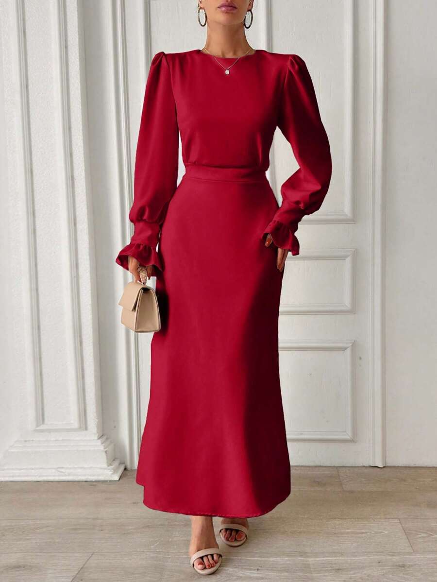 EURMUSE Frenchy Frill Sleeve Maxi Dress With Lining - Burgundy - View 1