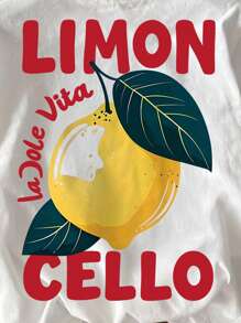 INAWLY Women Summer Letter & Lemon Printed Casual Round Neck Short Sleeve T-Shirt