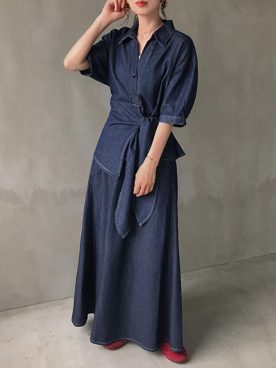 FRIFUL 女士休闲宽松抽绳衬衫和牛仔裙两件套 - 深色水洗藍 - 查看 1