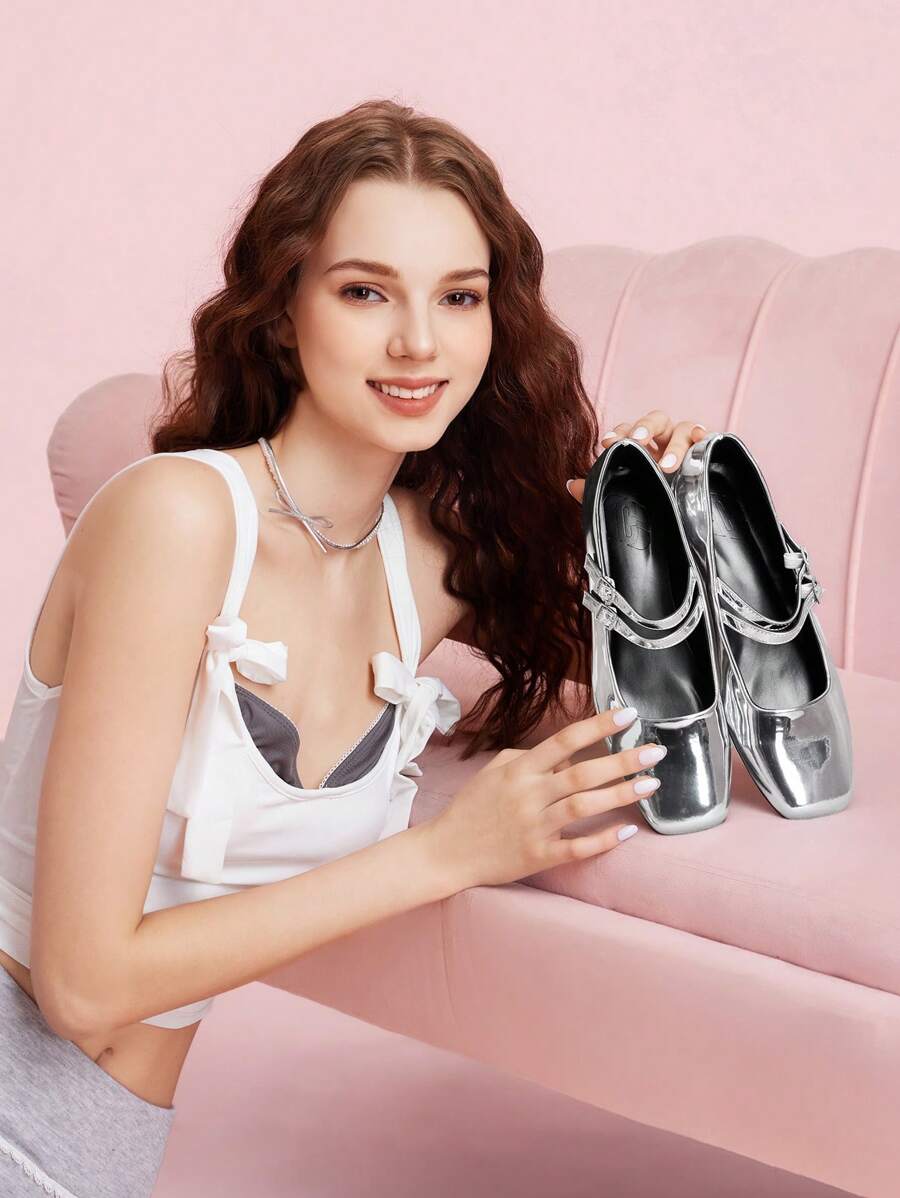 CUCCOO DOLLMOD Women Buckle Decor Metallic Square Toe Mary Jane Flats, Glamorous Silver Flats For Summer Vacation Shoes Summer Spring Shoes Spring Break Easter