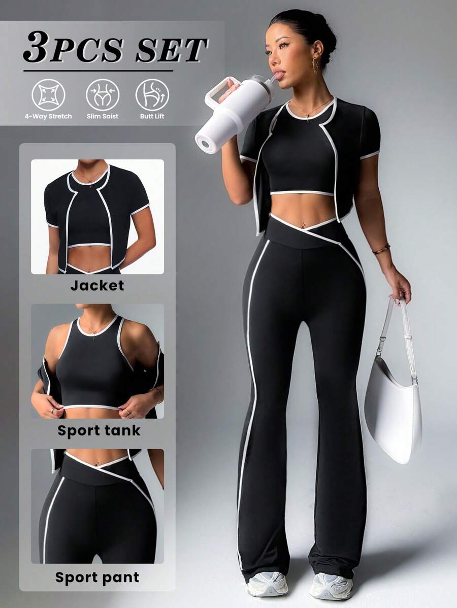 Slayform Conjunto deportivo de top sin mangas con ribete de contraste y pantalones - Conjunto de ropa deportiva para mujer