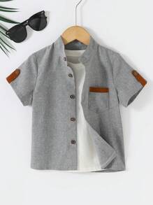 SHEIN Áo sơ mi xám đơn hàng thường ngày tay ngắn cổ bẻ màu tương phản cho bé trai, mùa hè - Xám - Xem 3