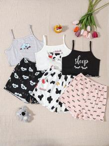 3 件套女孩休闲卡通动物印花奶牛和考拉吊带上衣搭配短裤，家居服 - 彩色 - 查看 1