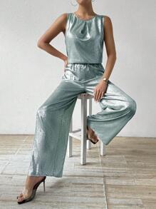 Chiquease Conjunto de dos piezas de pantalones largos de color metálico de moda para damas, para fiestas de Año Nuevo y celebraciones - Azul - Ver 7