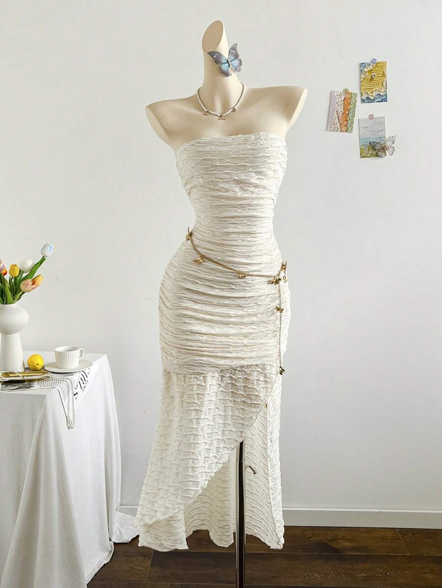 Soleia Vacation Light Yellow Ruched Strapless Low Waist Asymmetrical A-Line Dress - Beige - View 1