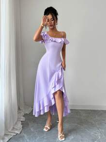 Selianne 全新女式纯色不对称肩带荷叶边下摆不对称背部设计休闲百搭优雅连衣裙