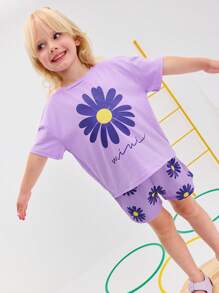 SHEIN 2pcs Young Girl Casual Loose Fitted Colorblock Bow Decor T-Shirt & Shorts Set