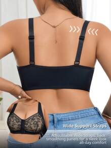 SHEIN 1pc Plus Size Women Comfortable Lace Front Opening Underwear - Black - View 2