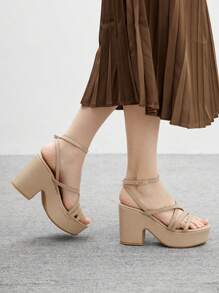 CUCCOO BIZCHIC Women's Fashion Apricot Strap Thick Bottom Wedge Sandals For Christmas - Apricot - View 4