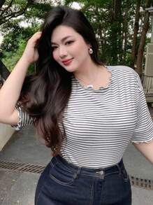 Dazy Plus 超大条纹短袖黑白夏季T恤学院风上衣