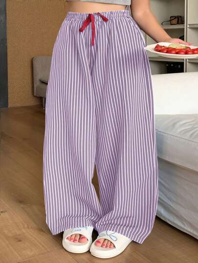 Dazy Plus 加大码松紧腰条纹抽绳休闲舒适裤，休闲睡裤，四季皆宜，适合秋季