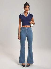 SHEIN Tall 女式宽松休闲百搭喇叭牛仔裤 - 藍色 - 查看 7