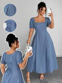 Elenzga Plus Size Women's Elegant French Square Neck Waist-Cinched A-Line Dress - Blue - View 1