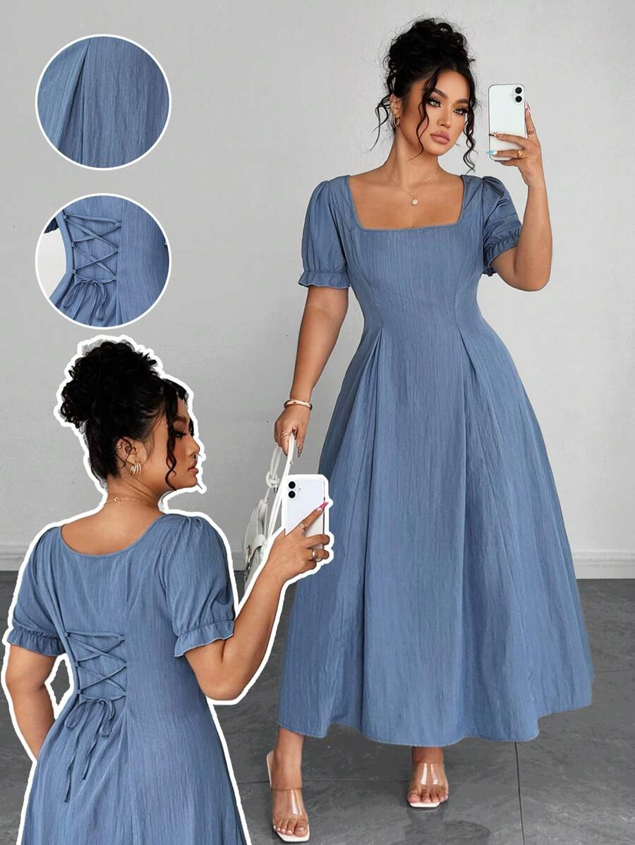 Elenzga Plus Size Women's Elegant French Square Neck Waist-Cinched A-Line Dress - Blue - View 1