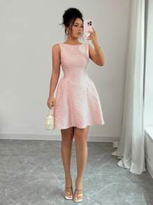 Rafferiza Elegant Women Bridal Jacquard Sleeveless Casual Holiday Party Women Summer Clothing Summer Dress Short Dress Elegant Classy Feminine Ladies Summer Dress Short Elegant Dress Summer Elegant Dress Short Wedding Guest Dress Pink Elegant Dress Sleeveless Elegant Dress - Pink - View 3