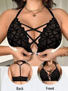 SHEIN 1pc Plus Size Front Open Hook Lace Bralette, Wireless, Lift Lingerie Bra - Black - View 1