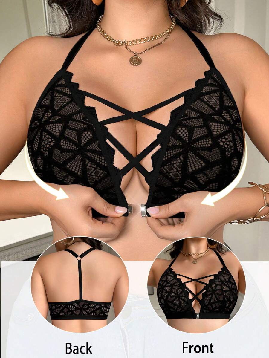 SHEIN 1pc Plus Size Front Open Hook Lace Bralette, Wireless, Lift Lingerie Bra - Black - View 1