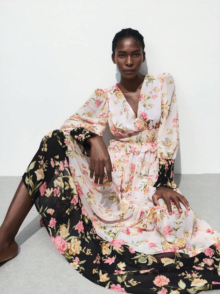 SHEIN Maija Women's Boho Maxi Dress Floral Print V-Neck Extra Long Sleeve And Shirred Waist Detail