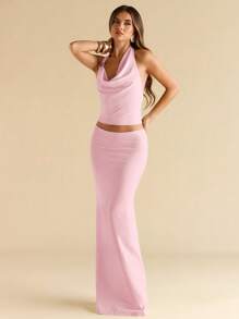 SHEIN BAE 1 Set Women's Halter Metal Decor Coffee Brown Bodycon Knitted Suit - Coral Pink - View 6
