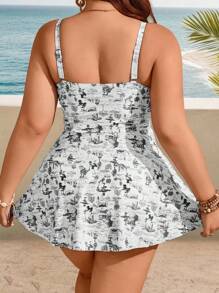 Swim Lushoire 加大码女式两件套碎花荷叶边镂空分体泳衣套装，修身休闲，适合度假和日常穿着