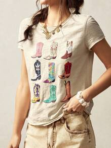 Bohemela Plus Size Summer Casual Western Boot Print T-Shirt,Vintage