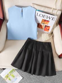 2pcs/Set Tween Girl Woven Solid Color Cute Bow Decor Sleeveless Top & Bow Decor Pleated Mini Skirt, French Elegant Fashion Set, Suitable For Graduation Party, Birthday Gathering - Baby Blue - View 2