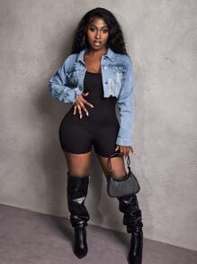 Slaydiva Chaqueta de jean corta con dobladillo crudo y desgastado para mujer, de manga larga - Lavado ligero - Ver 7