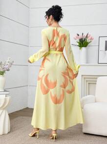 Modelyn 阿拉伯风喇叭裙，前后花卉印花，法式袖，春夏 - 黃色 - 查看 5
