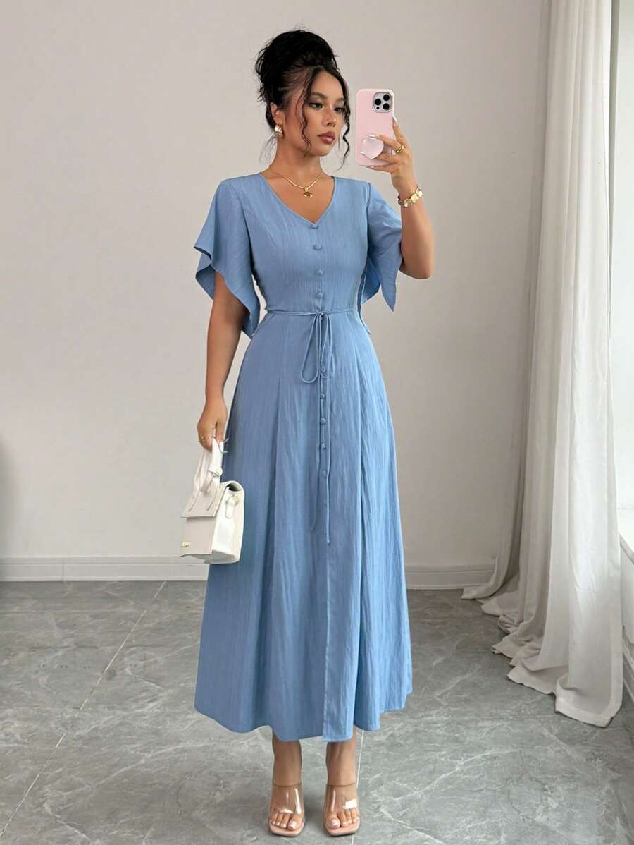 Elenzga Abito elegante e casual da donna con scollo a V, linea A, lunghezza media, decorazione con bottoni, maniche a sbuffo, adatto per festa del tè, vacanze, pendolarismo, primavera e estate - Blu - Visualizzare 1