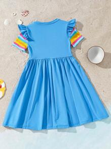 BABY SHARK X SHEIN 青少年女孩夏季卡通鲨鱼图案彩色条纹拼接口袋袖喇叭连衣裙 - 藍色 - 查看 3