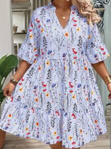 EMERY ROSE Plus Size Women's Summer Floral Branch V-Neck Ruffle Trim Loose Shift Dress - Baby Blue - View 4