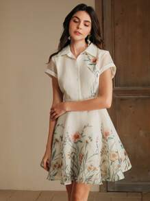 Anewsta Váy sơ mi lưới in hoa tay ngắn một hàng khuy cho nữ, mùa hè - Màu be - Xem 5
